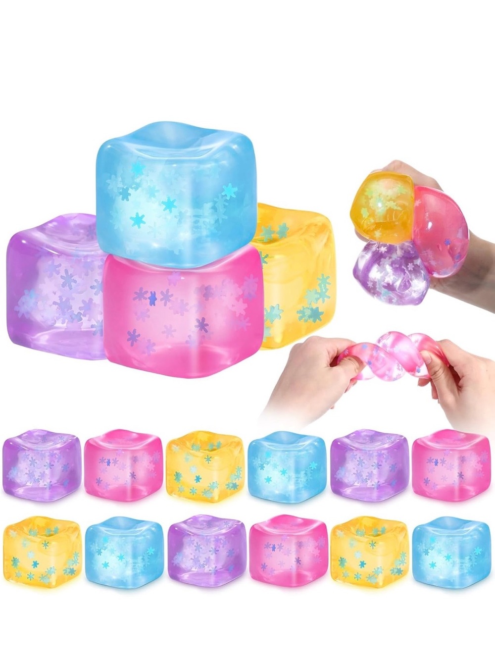 Squishy Glitter Ice Cube Sensory Toy - Pink, Blue, Purple, Yellow